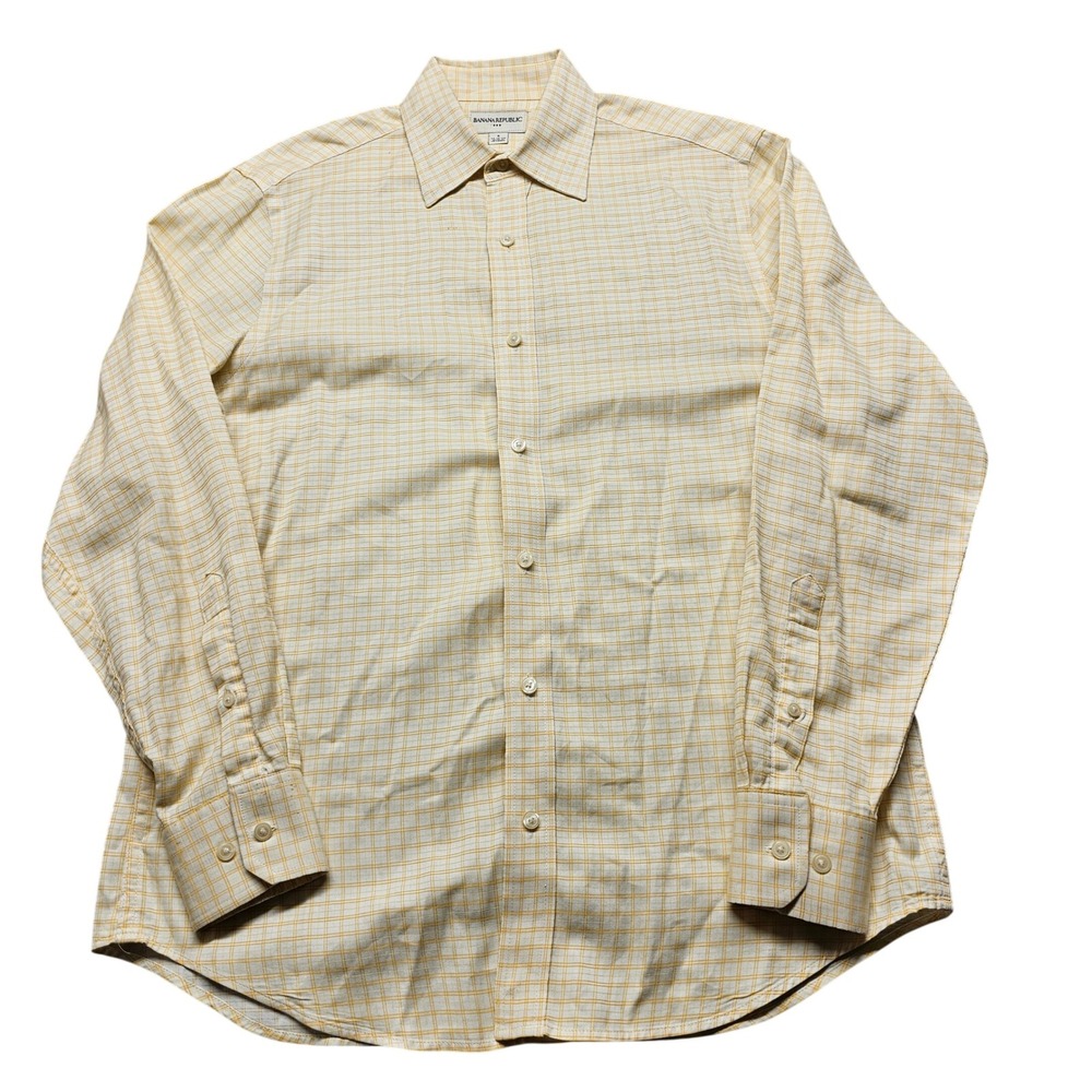 Banana Republic Mens Small Yellow White Plaid Cotton Button Down Shirt 14-14.5